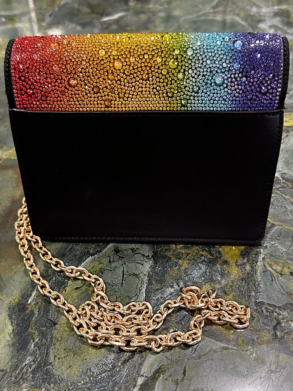 Betsey Johnson Multicolor Rainbow Crystals Crossbody with Gold Chain Strap 7”x5” - Picture 9 of 16